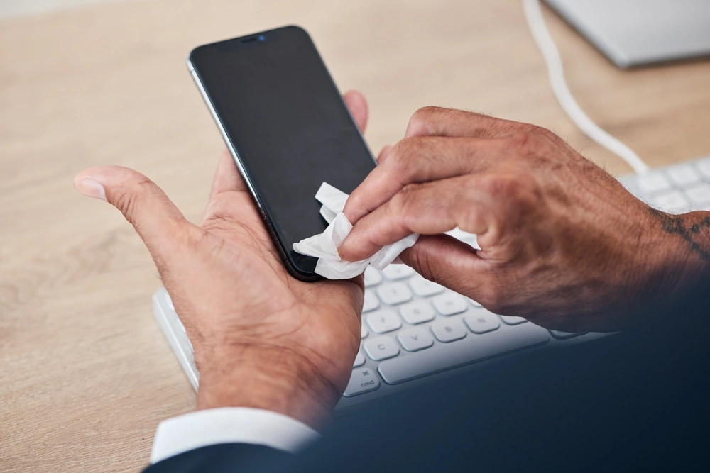 Mann reinigt sein Smartphone